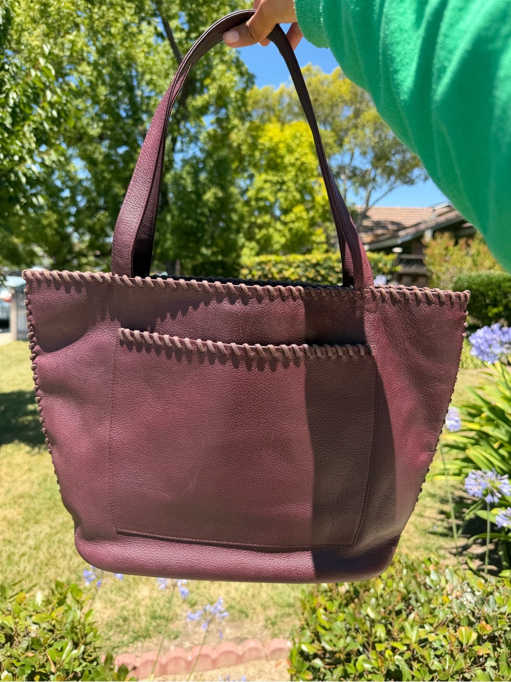 Yves Saint Laurent Burgundy Leather Tote with Whipstitch Detail